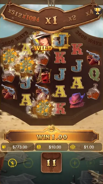 Wild Bounty Showdown base game cascade win with a Wild symbol on the reels, 3,600 ways