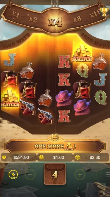 Wild Bounty Showdown reels with two gold-bar Scatter symbols and an x4 multiplier, one Scatter short of the Free Spins trigger