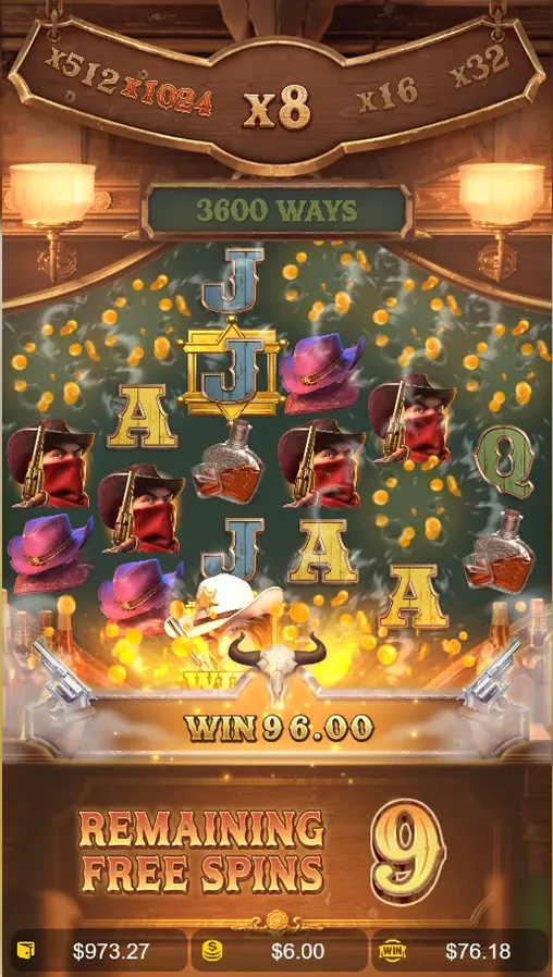 Wild Bounty Showdown Free Spins round at x8 multiplier with a $76.18 win and 9 free spins remaining