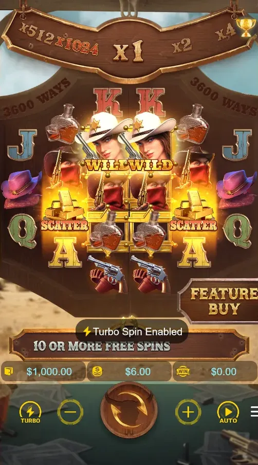 Wild Bounty Showdown reels with Wild symbols and Scatters during a Free Spins trigger, x1,024 multiplier track above